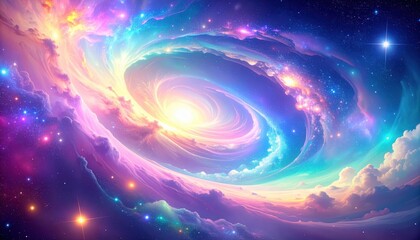 Colorful Cosmic Spiral Galaxy in Space with Glowing Light Center, Surreal Fantasy Nebula, Swirling Clouds, Vibrant Starscape, Dreamy Universe, Beautiful Abstract Astronomy Digital Art