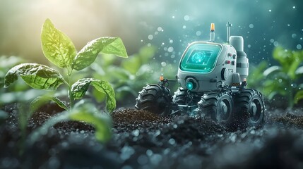 AI powered agricultural vehicle featuring interactive holographic interfaces and IoT powered automation working in a smart farm