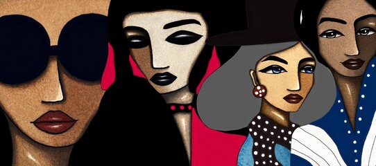 Modern fashion illustration of stylish women in sunglasses and bold outfits, retro graphic design with strong contrasts, ideal for editorial, advertising, and branding visuals