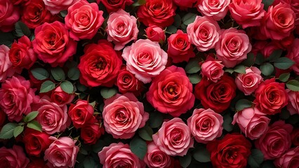 Obraz premium Top view of blooming red and pink roses arranged densely, perfect for Valentine's Day cards, romantic backgrounds, wedding invitations, and floral-themed designs