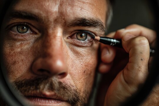 Man using eyeliner pencil reflects in a mirror creating a striking contrast against a deep charcoal background - Powered by Adobe