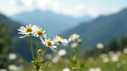 Close-up of blooming daisies in a field against a backdrop of blue mountains