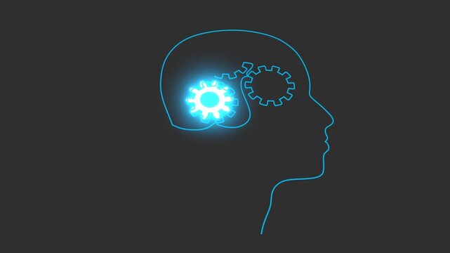 Human head with gear wheels inside. Productivity, effectiveness concept. Intelligence and knowledge development with brain performance. Gears and technical wheels as thoughts