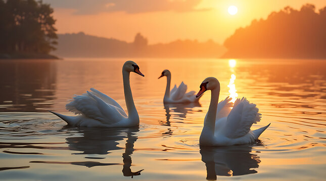 Serene sunset scene with swans gracefully swimming in a tranquil lake