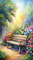 Soft focus watercolor painting of an old wooden park bench