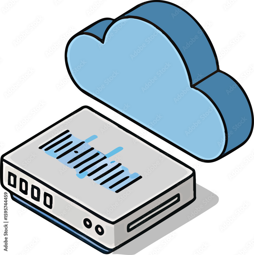 Poster cloud storage device, isometric illustration of a server or data box with a cloud.