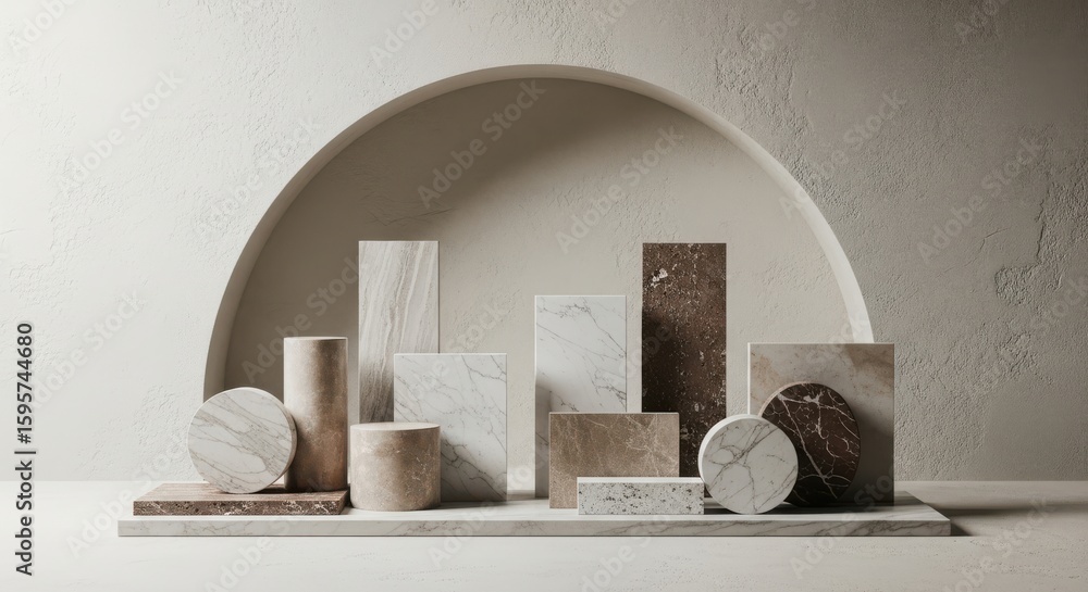 Poster photo of a modern display of various marble and stone samples with different textures and patterns a