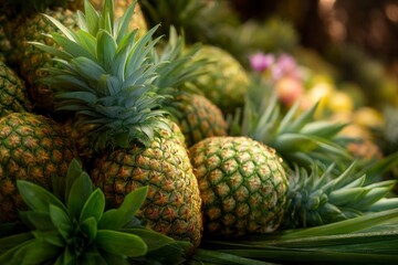 Fototapeta premium A cluster of pineapples with their green tops clustered together amid scattered foliage