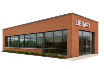Modern library building exterior with large windows, showcasing bookshelves and reading area, isolated on transparent background