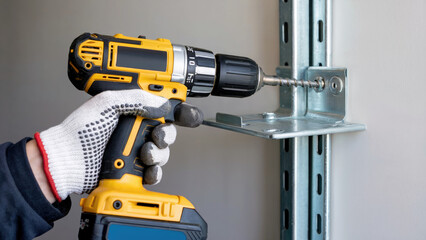 Fototapeta premium Hand using power drill screws metal bracket into wall fixture