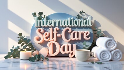 International selfcare day celebrated with a warm candle, rolled towels, and a soothing cup of tea