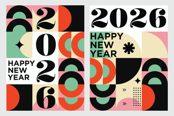 Minimalistic 2026 New Year Poster Set Abstract Geometric Holiday Greeting Card Templates Collection of 2026 Happy New Year card, cover, poster. Vector illustration