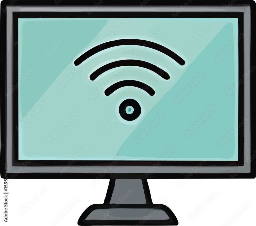 Poster cartoon illustration of a computer monitor displaying a wi-fi signal.