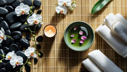 A tranquil spa setting with white orchids, smooth stones, a candle, and rolled towels