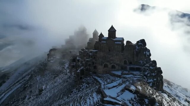An ancient stone monastery perched precariously on a rocky mountain peak, shrouded in mystical clouds and mist on a cold winter day