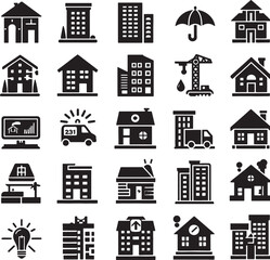 house icons set building