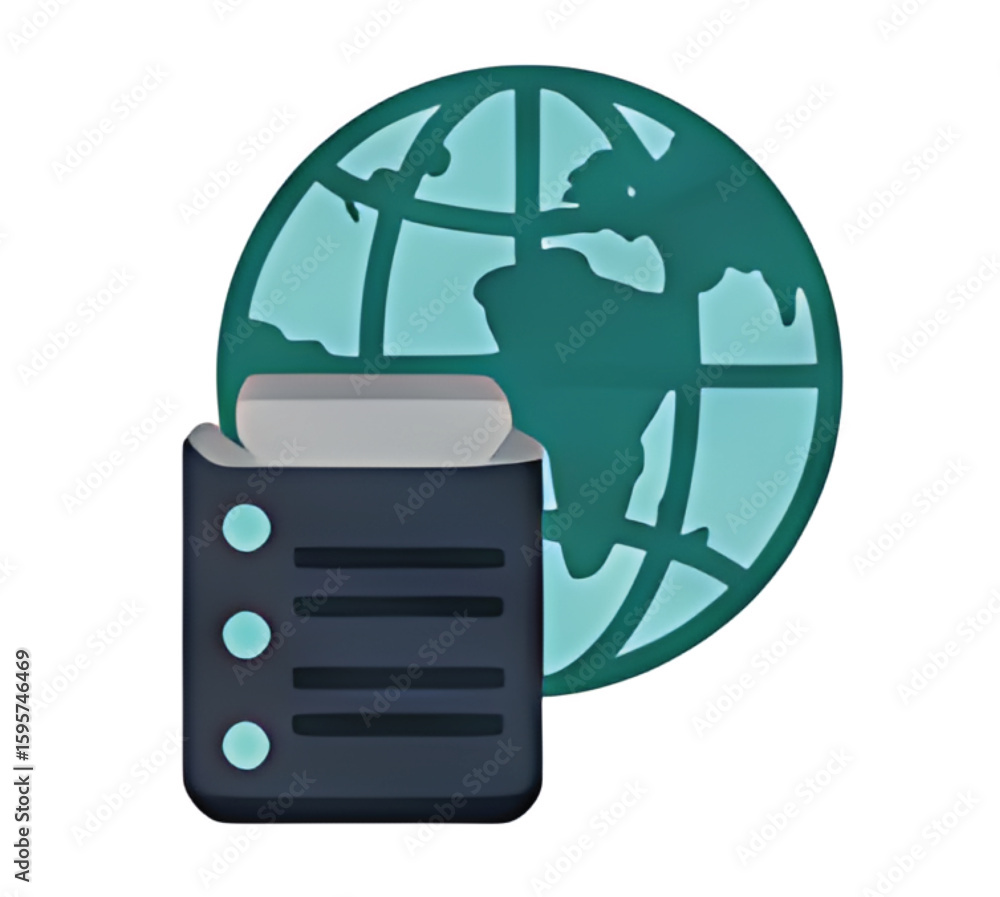 Poster global network server, showing international data connection and storage.