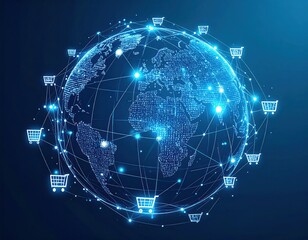 Global e-commerce network visualized as a digital globe with shopping carts connected by lines.  Abstract, technology-driven representation of international online shopping and trade