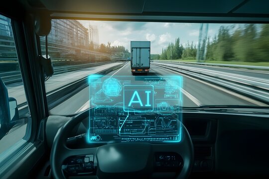 Futuristic Truck Driving with AI Technology Display Inside Vehicle Cabin View