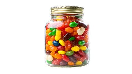 Glass jar filled with colorful jelly bean candies isolated on transparent background