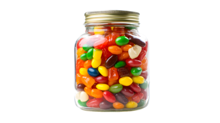 Glass jar filled with colorful jelly bean candies isolated on transparent background