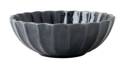 Elegant gray ceramic bowl with a fluted design stands alone isolated on transparent background