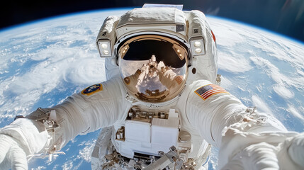 Astronaut space suit capturing selfie with Earth background, showcasing wonder and exploration