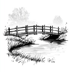 Hand-drawn sketch of a rustic wooden bridge over a stream in a tranquil landscape