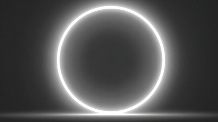 Glowing neon circle stands on reflective surface, against a solid dark background