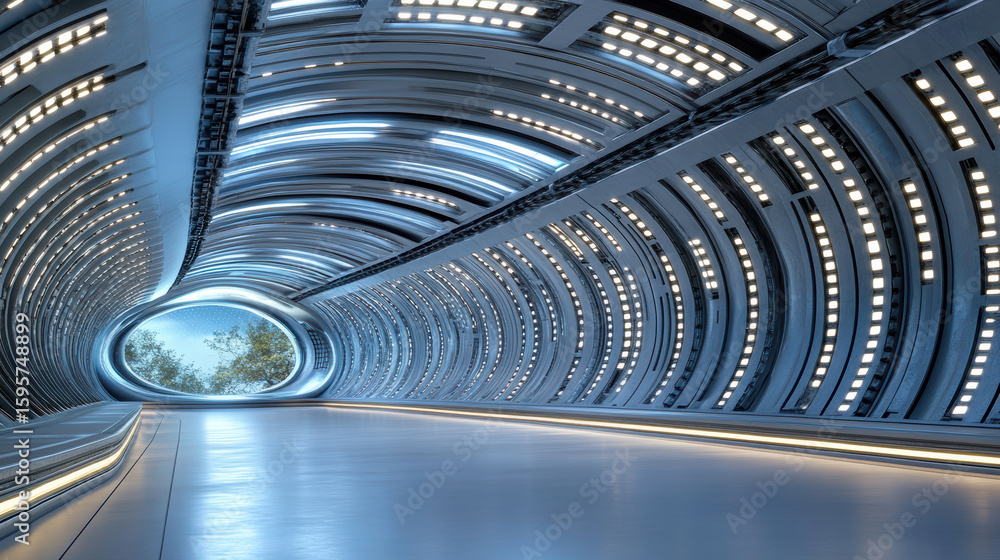 Poster futuristic tunnel with illuminated walls and view of nature at end, creating surreal atmosphere