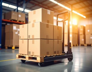 Cardboard boxes stacked high on a pallet, pushed by a hand truck inside a warehouse. Sunlight streams in, highlighting the scene