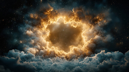 Expansive clouds illuminated by fiery orange and teal hues create stunning cosmic scene