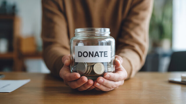 Person holding donation jar full of coins on a wooden table