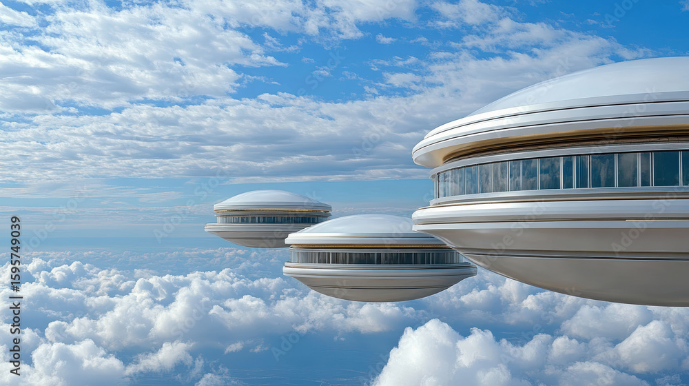 Poster futuristic flying structures in bright sky with fluffy clouds create serene atmosphere