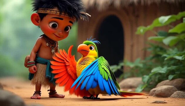 A smiling cartoon boy in traditional clothing stands next to a colorful parrot in a vibrant jungle setting.