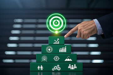 Hand pointing to glowing green target icon above stacked business concept blocks strategy goal