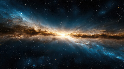 Fototapeta premium Vibrant cosmic scene showcasing galaxy with bright center and swirling clouds of gas and dust