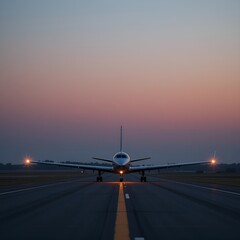 Airplane on the runway with lights on at dusk preparing for takeoff with a colorful sky background