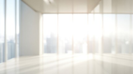 Blurred interior with large windows and sunlit city view