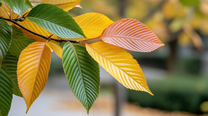 Fototapeta premium Colorful leaves autumn display vibrant hues of green, yellow, and orange, creating stunning