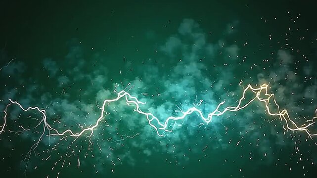 Explode electric fire motion cascades dynamically across a rich green background, the electric flames and crackling sparks rolling energetically in bold shapes.