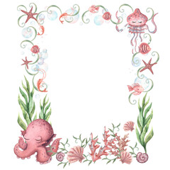Watercolor wreath, frame of pink shells, seaweed, coral, starfish, octopus, jellyfish, shrimp. Sea life