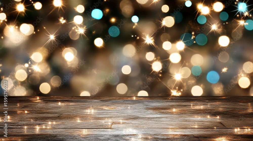 Poster bright bokeh lights create festive atmosphere with sparkling reflections on wooden surface