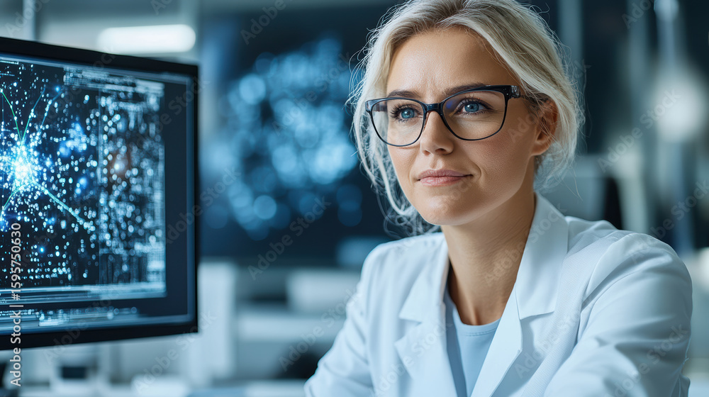 Poster female scientist in lab coat with glasses, focused on data analysis and nebula visualization