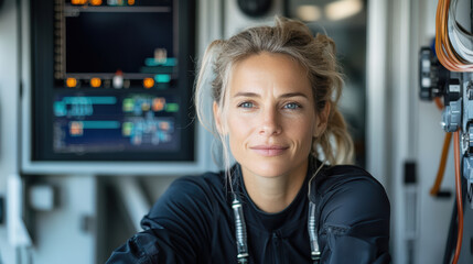 Female technician high tech environment, focused and confident, surrounded by advanced equipment