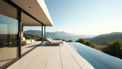 Fototapeta premium Luxury Villa Infinity Pool Overlooking Coastal Mountains