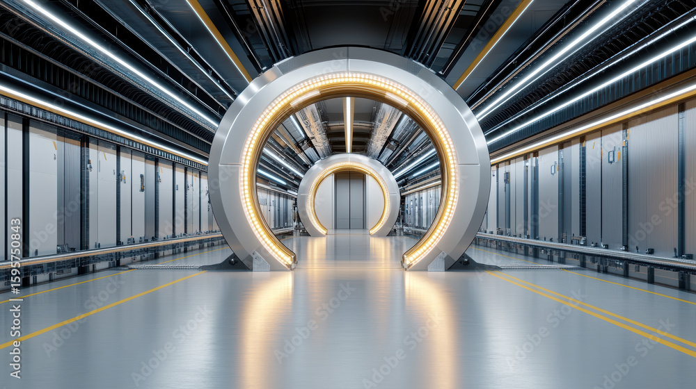 Poster futuristic corridor with glowing circular structures and sleek metallic walls creates immersive