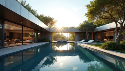 Obraz premium Grand Modern Villa with Expansive Pool and Sunset