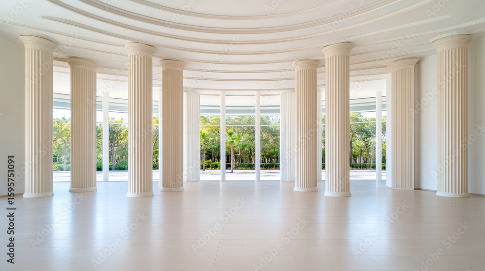 Poster elegant interior space featuring classical columns and large windows, creating serene atmosphere