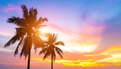 Tranquil tropical scene: palm trees silhouetted against vibrant sunset skies